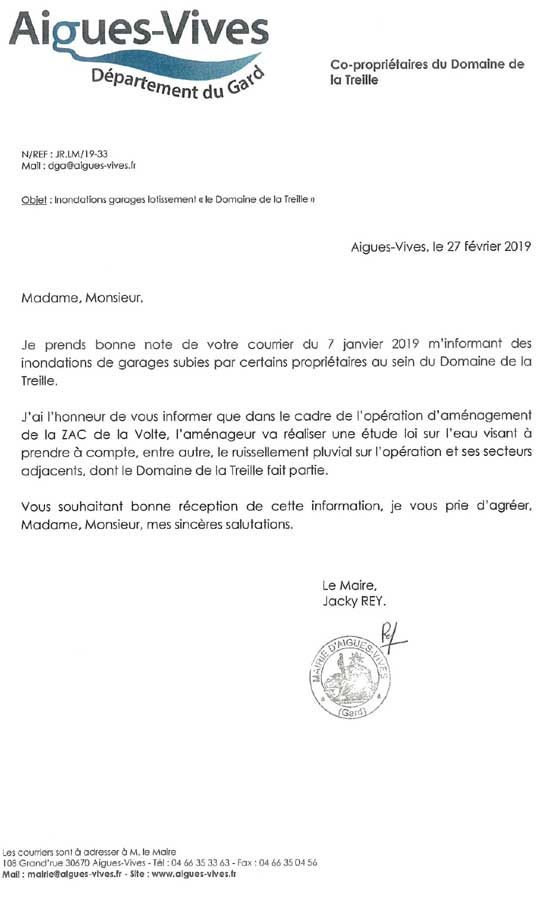 Réponse et mensonge du maire, Jacky REY, aux inondés, 1 mois et demi plus tard.