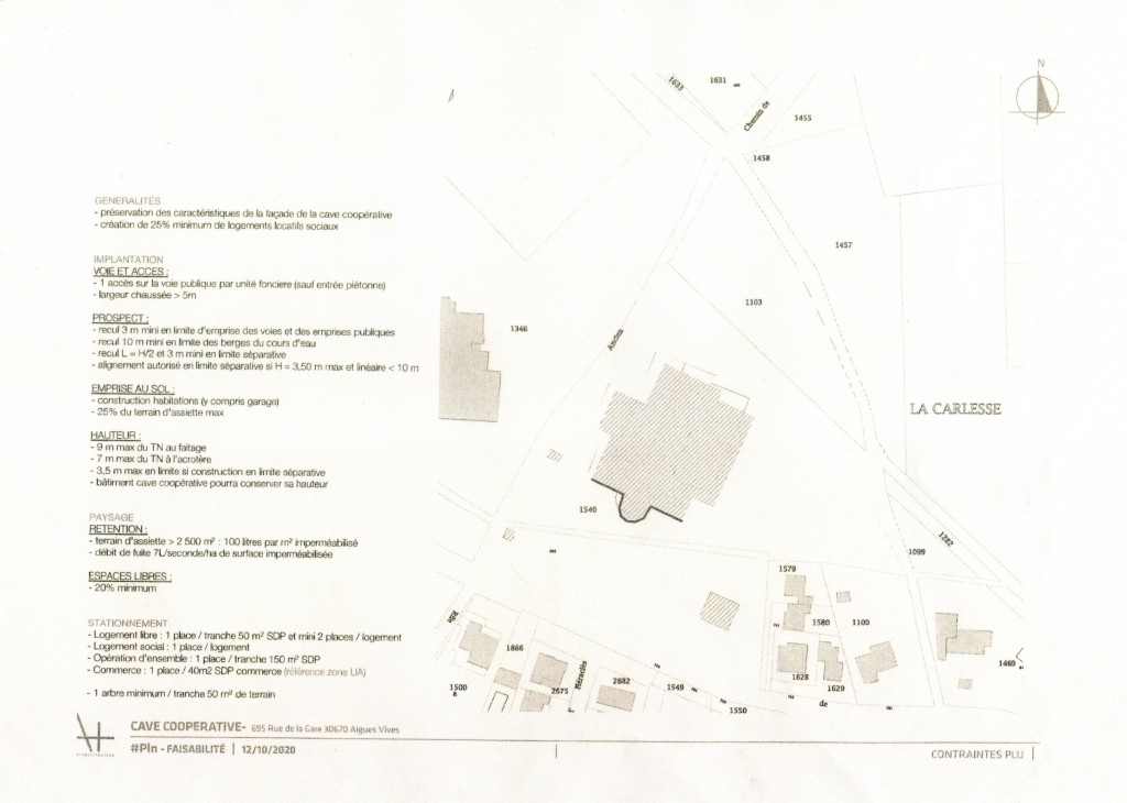 Photo 4 : Projet aménagement Cave Coopérative Aigues-Vives (Gard)  Généralité, Implantation, Prospect, Emprise au sol, Hauteur, Rétention, Espaces libres.  Stationnements  prévus :  - Logement libre : 1 place/tranche de 50 m² SDP et mini 2 places /logement.  - Logement social : 1 place logement.  - Opération d'ensemble : 1 place/ tranche 150 m² SDP.  - Commerces (Combien ?) : 1 place/40 m² SDP commerce.